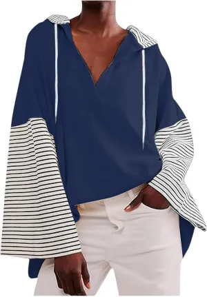 Women Oversized Sweatshirts 2024 Trendy Block Color Drawstring Pullover Hoodies Casual Fall Fashion Clothes