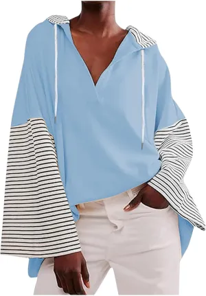 Women Oversized Sweatshirts 2024 Trendy Block Color Drawstring Pullover Hoodies Casual Fall Fashion Clothes