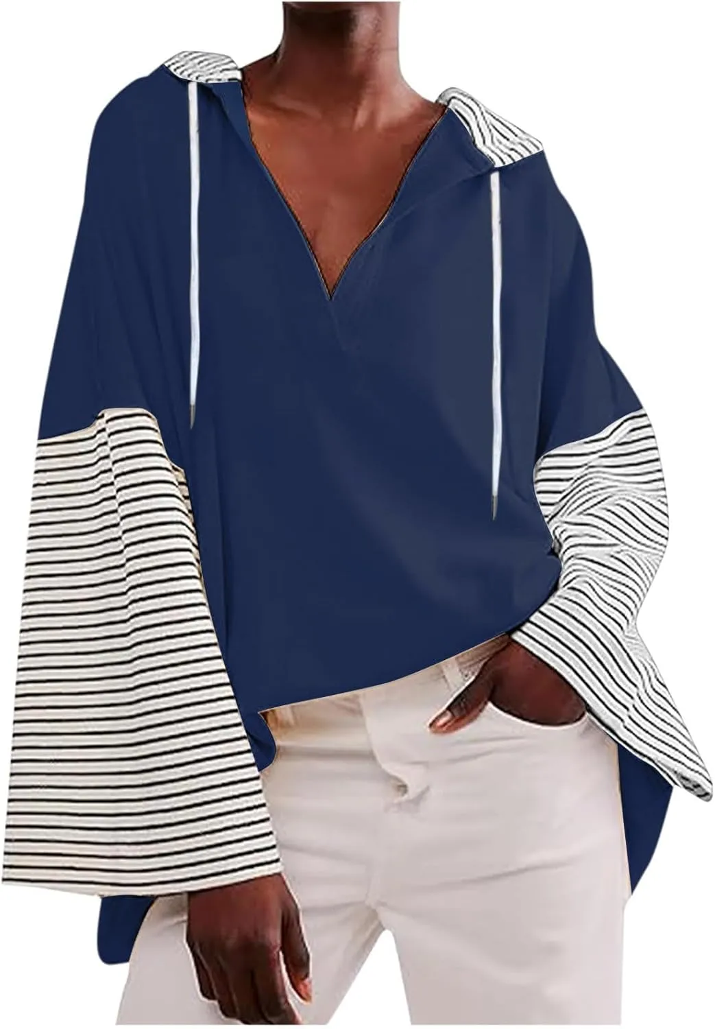 Women Oversized Sweatshirts 2024 Trendy Block Color Drawstring Pullover Hoodies Casual Fall Fashion Clothes