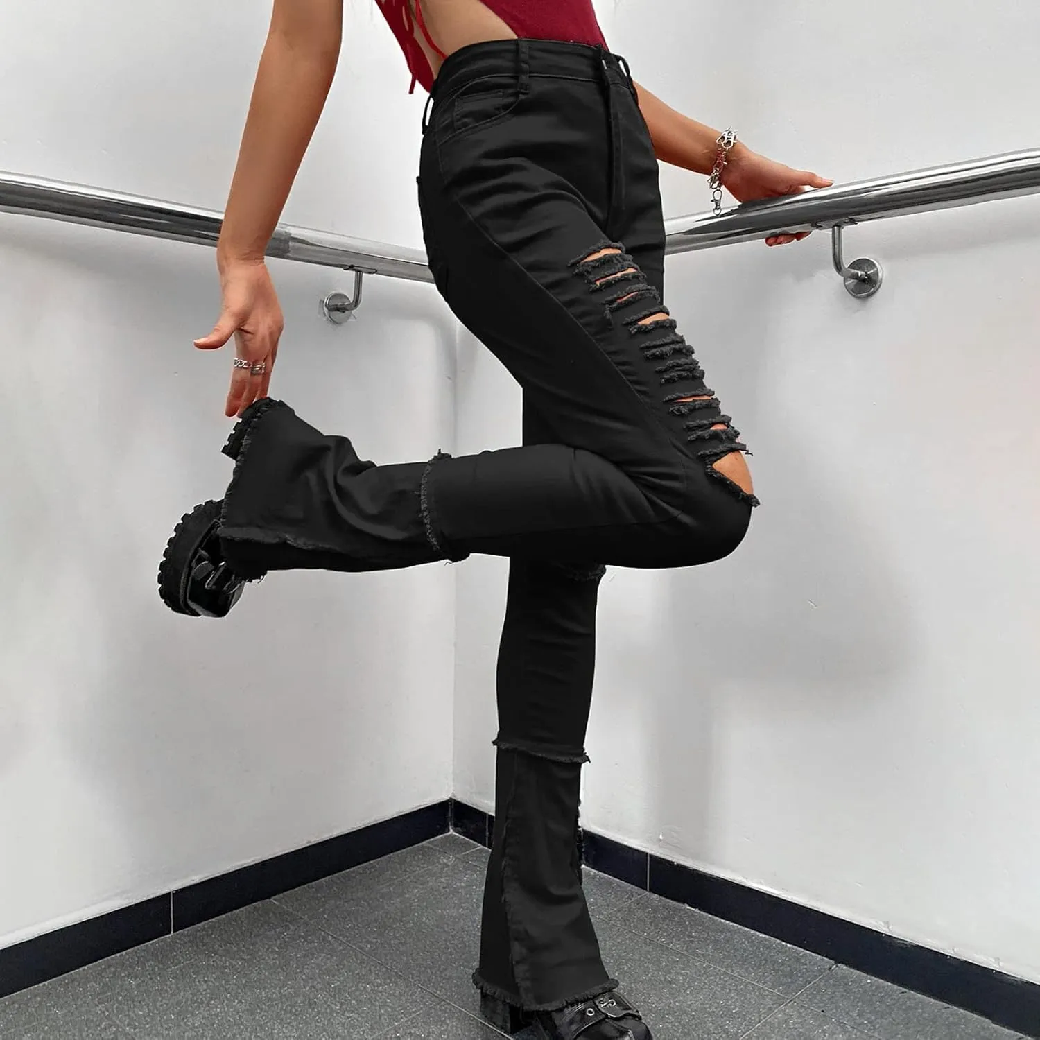 Women Ripped Jeans Raw Hem Stacked Pants Skinny Stretchy Denim Pants Y2K Jeans Bootcut Jeans Skinny Jeans