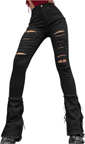 Women Ripped Jeans Raw Hem Stacked Pants Skinny Stretchy Denim Pants Y2K Jeans Bootcut Jeans Skinny Jeans