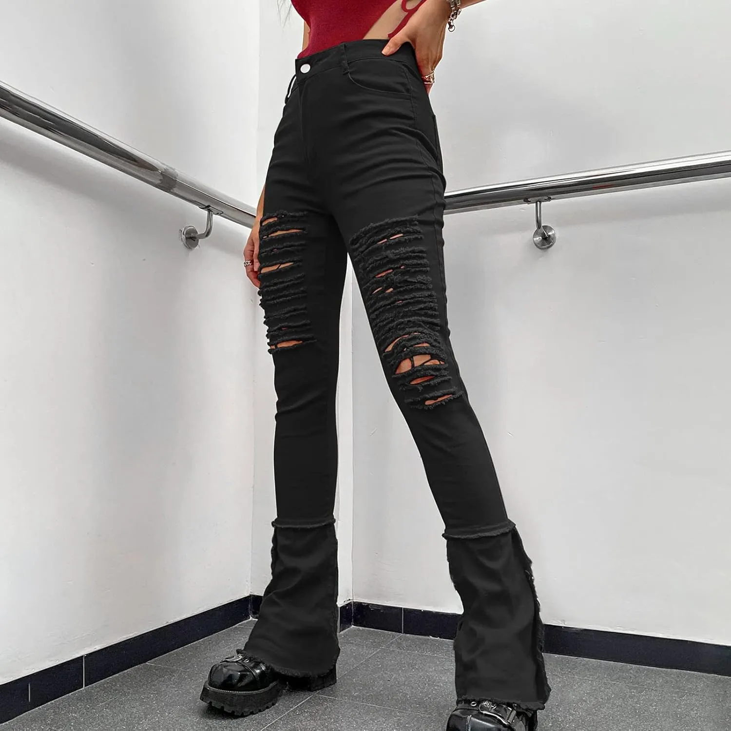 Women Ripped Jeans Raw Hem Stacked Pants Skinny Stretchy Denim Pants Y2K Jeans Bootcut Jeans Skinny Jeans