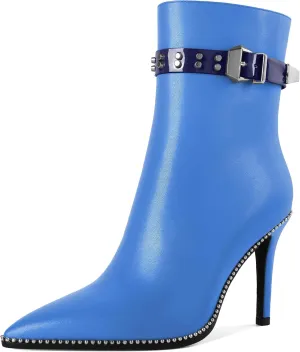 Women Stiletto High Heel Beaded Ankle Boots Pointed Toe Side Zipper Buckle Matte Leather Dress Booties 3.5 Inch
