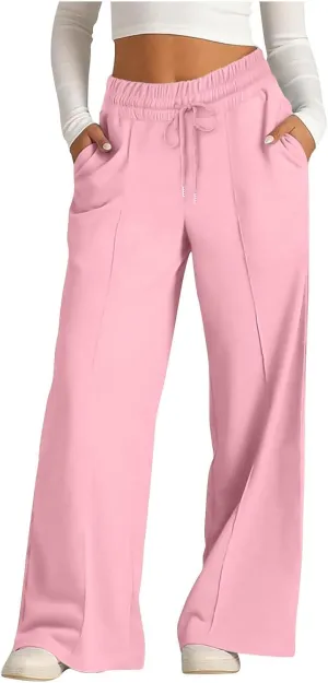 Women Straight Wide Leg Joggers Baggy High Waisted Sweatpants Trendy Drawstring Elastic Athletic Pants with Pockets