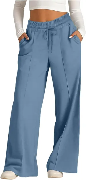 Women Straight Wide Leg Joggers Baggy High Waisted Sweatpants Trendy Drawstring Elastic Athletic Pants with Pockets