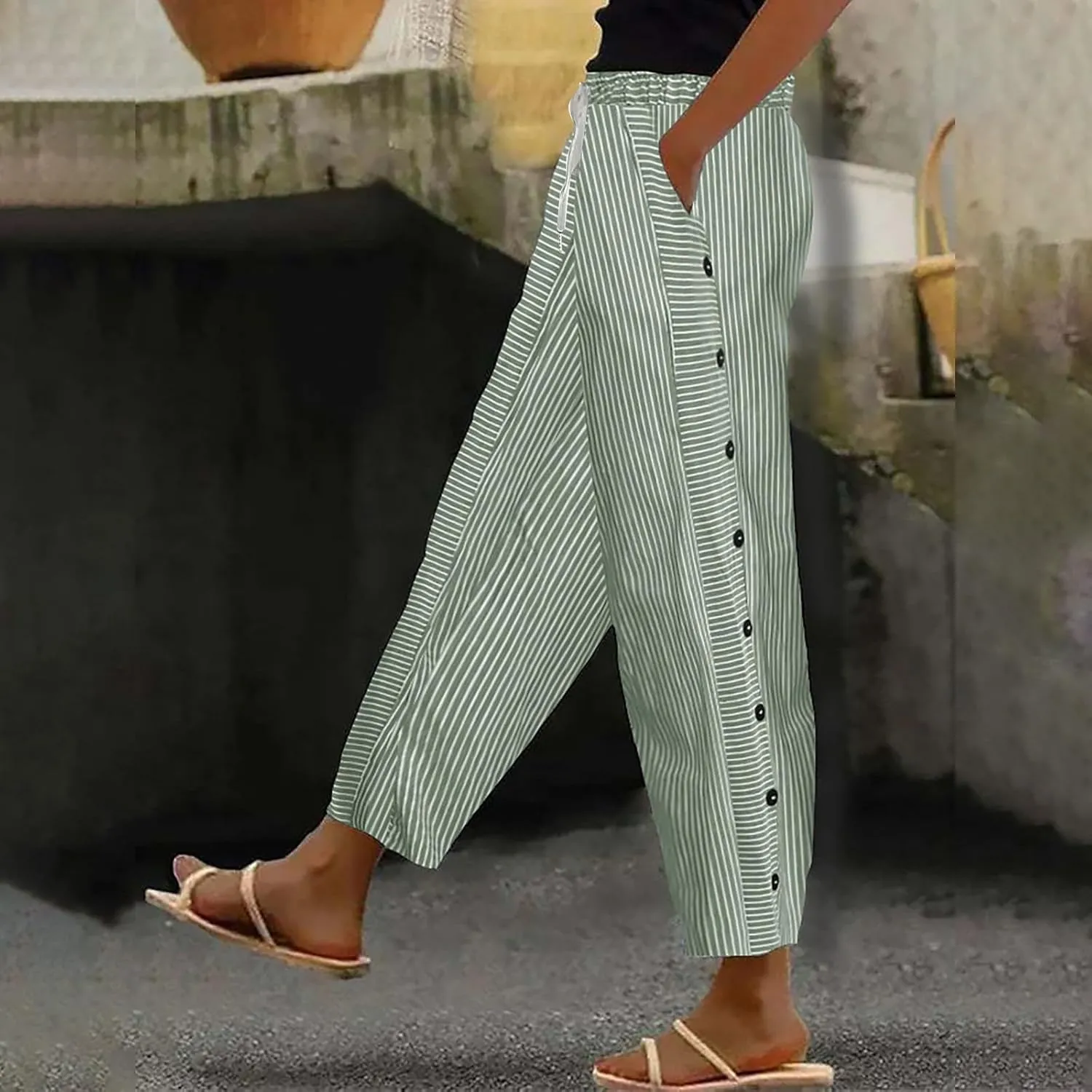 Women Stripe Cotton Linen Pants Straight Leg Side Button Multi-Pocket Fashion Trousers Street Hip Hop Y2K Casual Pant