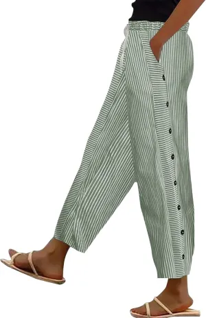 Women Stripe Cotton Linen Pants Straight Leg Side Button Multi-Pocket Fashion Trousers Street Hip Hop Y2K Casual Pant