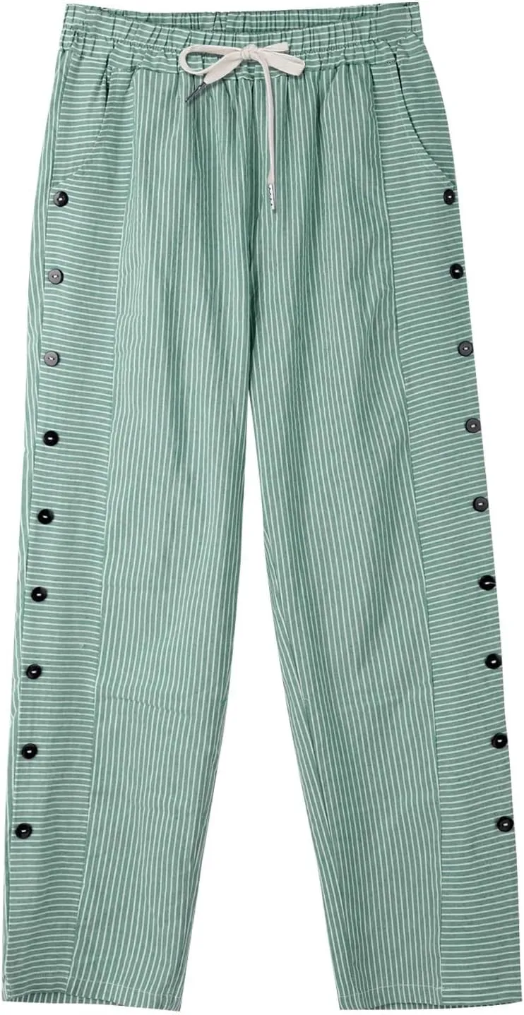 Women Stripe Cotton Linen Pants Straight Leg Side Button Multi-Pocket Fashion Trousers Street Hip Hop Y2K Casual Pant