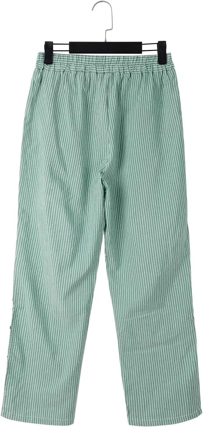 Women Stripe Cotton Linen Pants Straight Leg Side Button Multi-Pocket Fashion Trousers Street Hip Hop Y2K Casual Pant