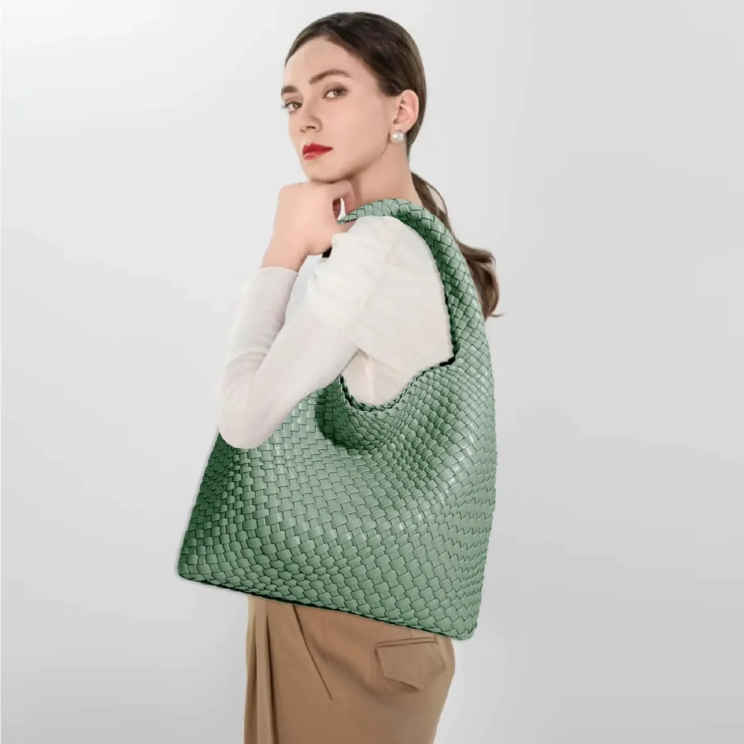 Women Vegan Leather Hand-Woven Tote Handbag Fashion Shoulder Top-handle Bag All-Match Underarm Bag with Purse