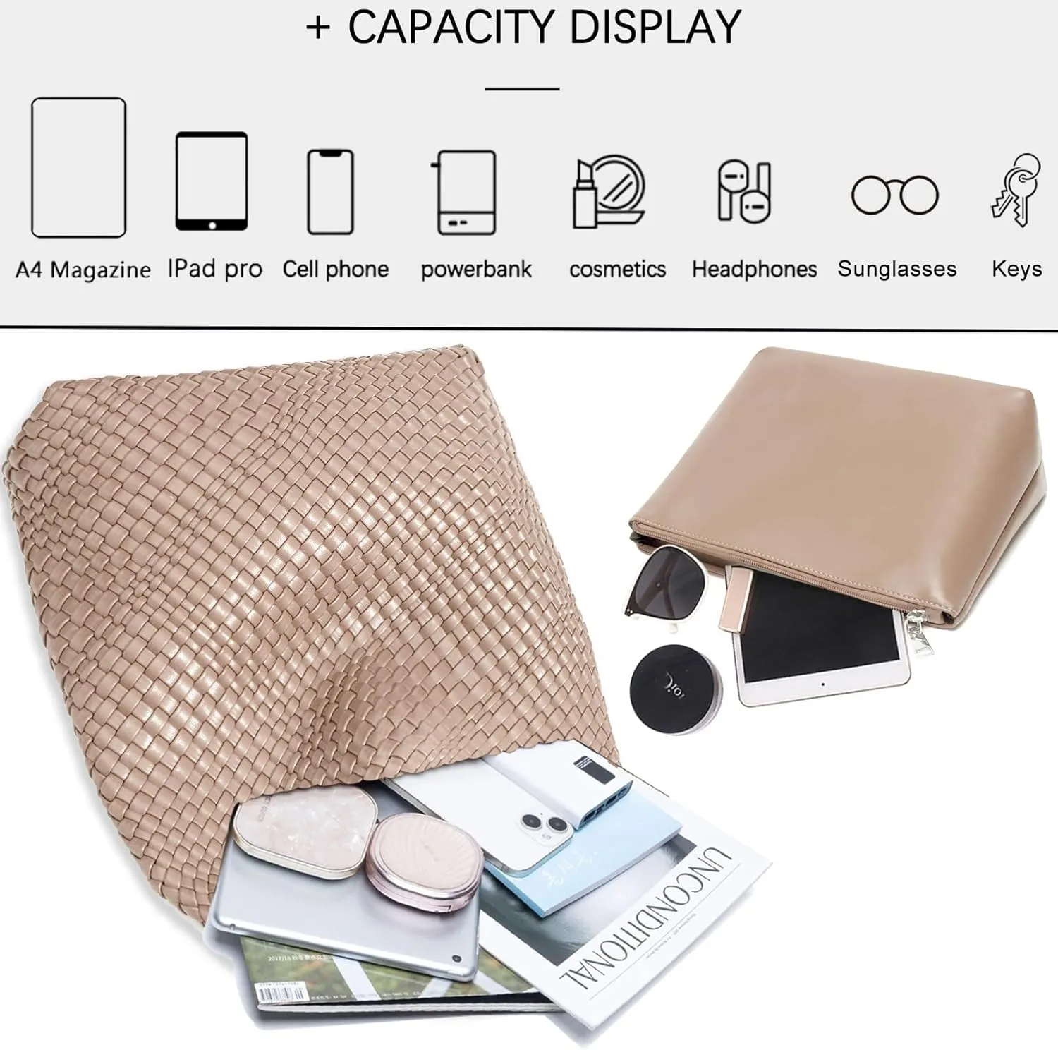 Women Vegan Leather Hand-Woven Tote Handbag Fashion Shoulder Top-handle Bag All-Match Underarm Bag with Purse
