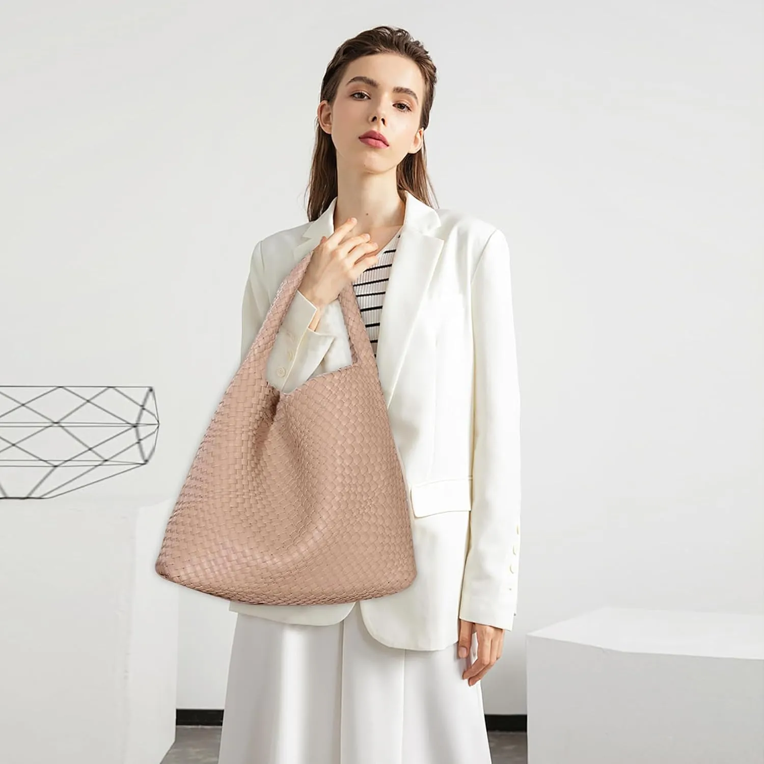 Women Vegan Leather Hand-Woven Tote Handbag Fashion Shoulder Top-handle Bag All-Match Underarm Bag with Purse