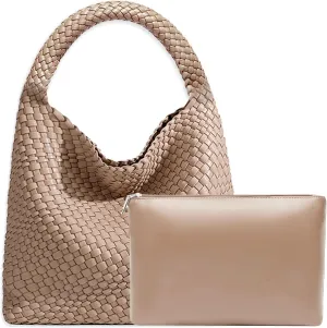 Women Vegan Leather Hand-Woven Tote Handbag Fashion Shoulder Top-handle Bag All-Match Underarm Bag with Purse