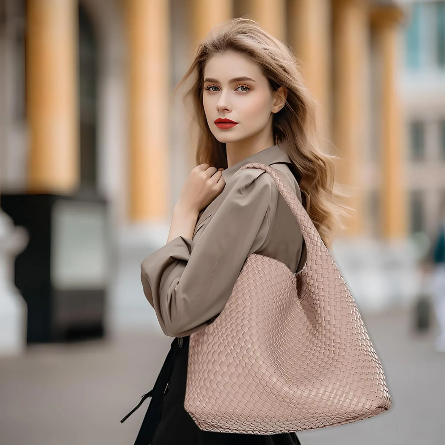 Women Vegan Leather Hand-Woven Tote Handbag Fashion Shoulder Top-handle Bag All-Match Underarm Bag with Purse