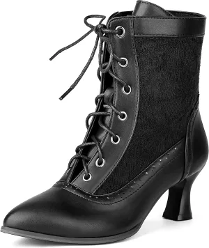 Women Victorian Lace Ankle Boots Wedding Bridal Booties Vintage Costume Kitten Heel Boots