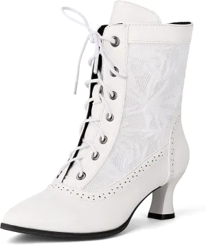 Women Victorian Lace Ankle Boots Wedding Bridal Booties Vintage Costume Kitten Heel Boots