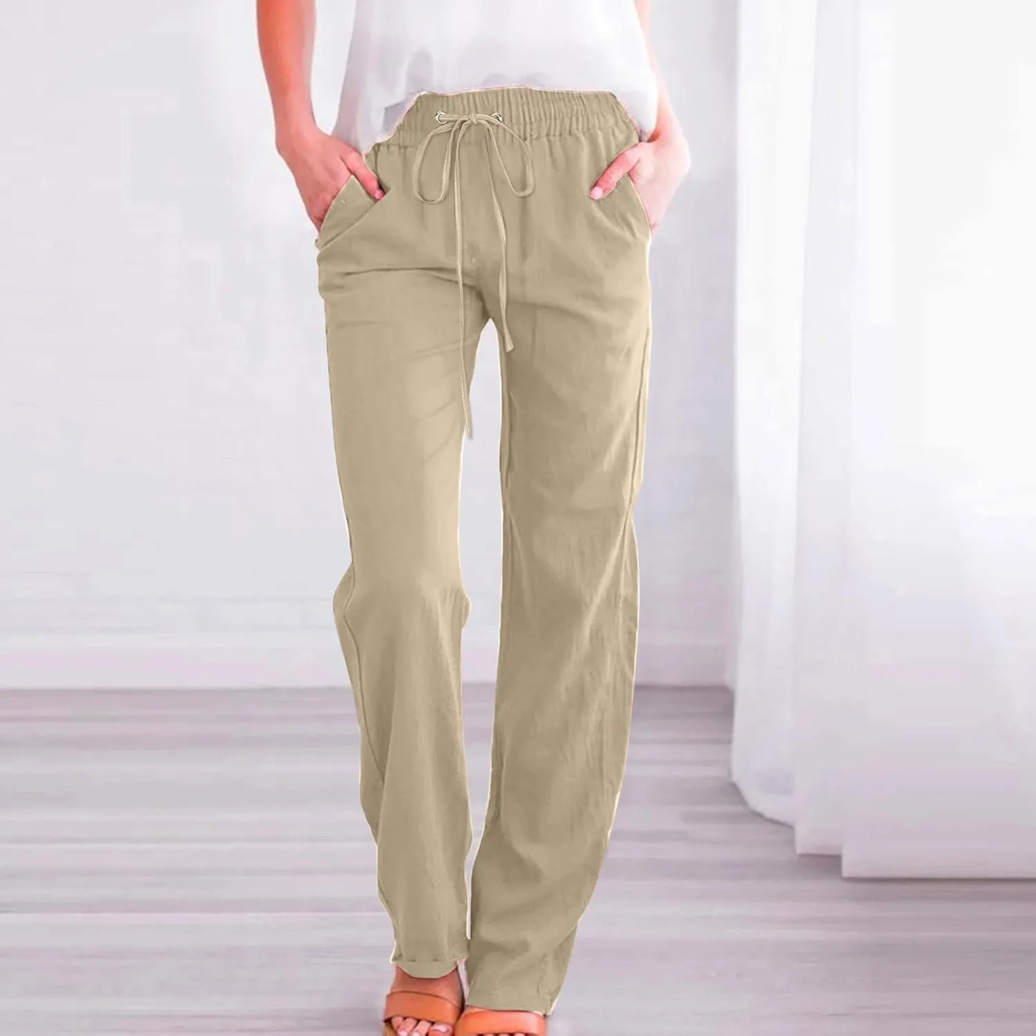 Women Work Linen Cotton Pants Office Business Plus Size Loose Trendy Trouser Outdoor Hiking Jogging Casual Sweatpants