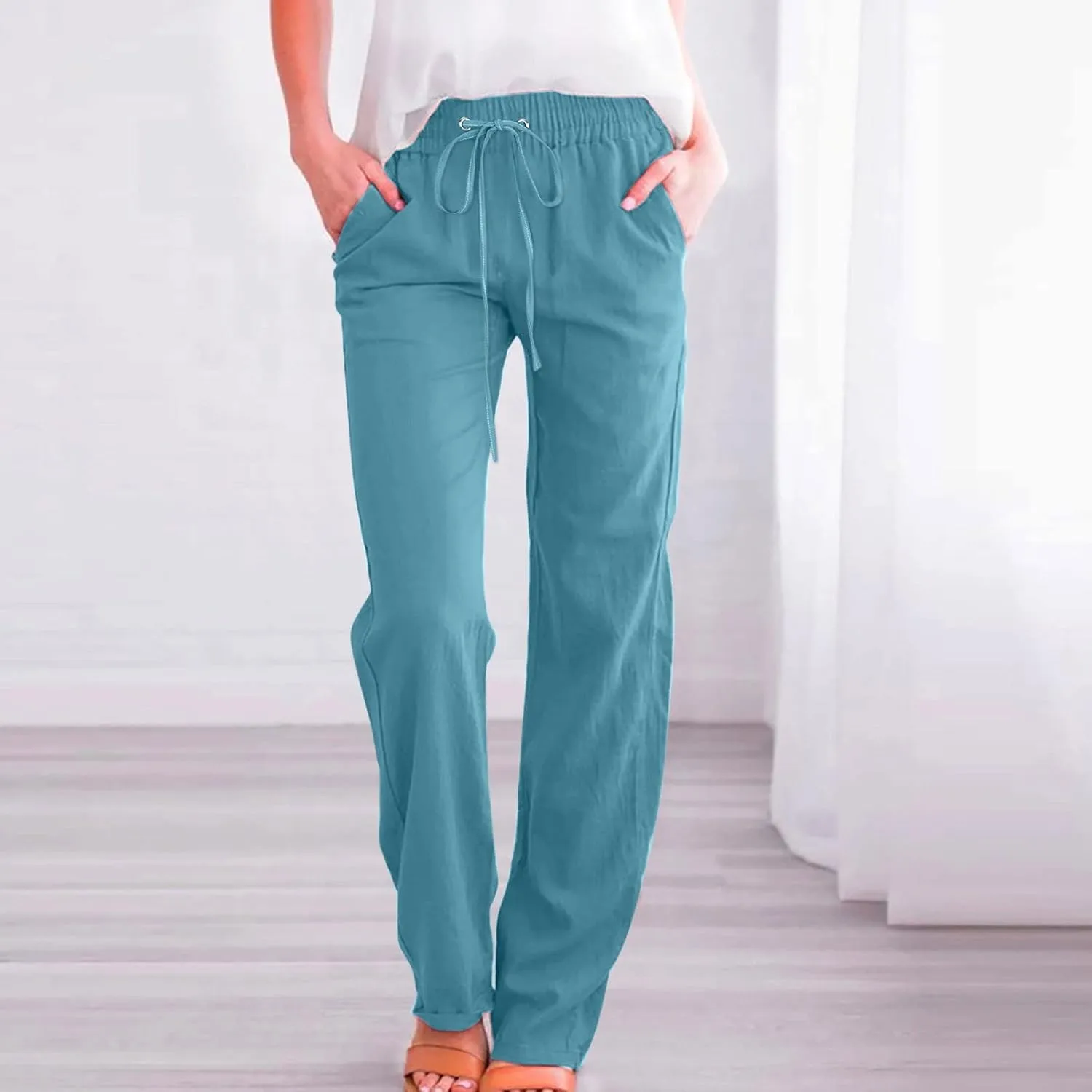 Women Work Linen Cotton Pants Office Business Plus Size Loose Trendy Trouser Outdoor Hiking Jogging Casual Sweatpants