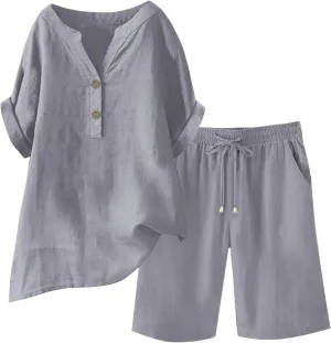 Womens 2 Piece Outfits Two Piece Lounge Set Short Sleeve Tunic Top and Drawstring Shorts Casual Summer Loungewear