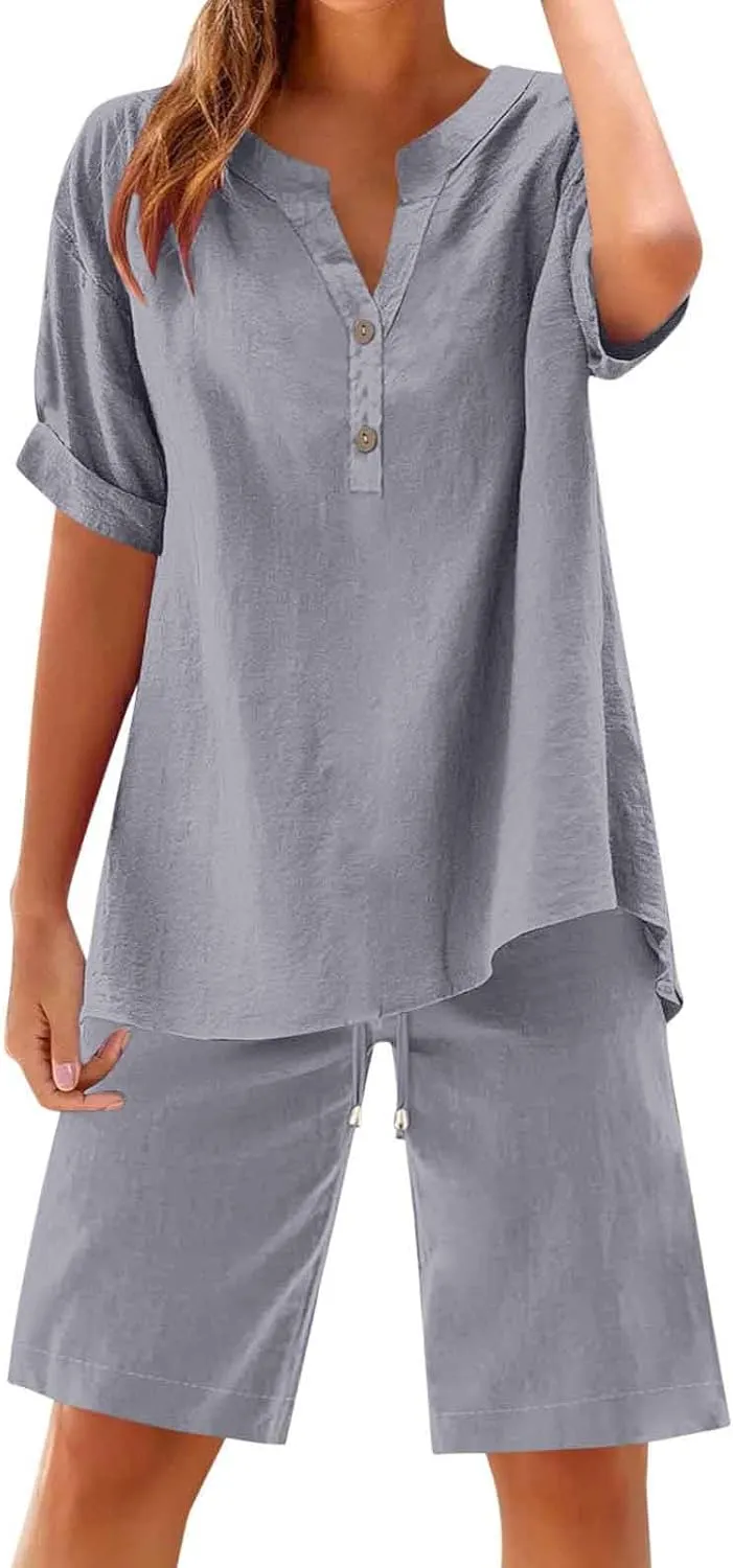 Womens 2 Piece Outfits Two Piece Lounge Set Short Sleeve Tunic Top and Drawstring Shorts Casual Summer Loungewear