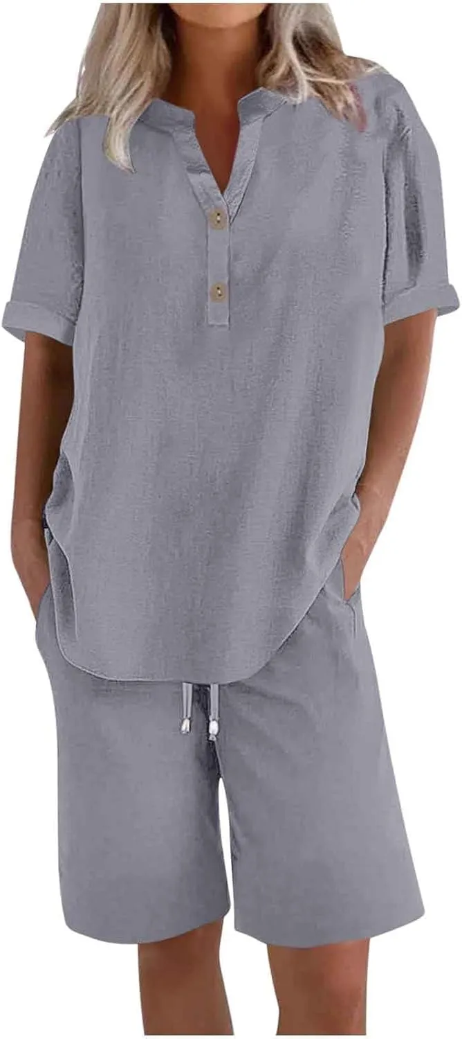 Womens 2 Piece Outfits Two Piece Lounge Set Short Sleeve Tunic Top and Drawstring Shorts Casual Summer Loungewear