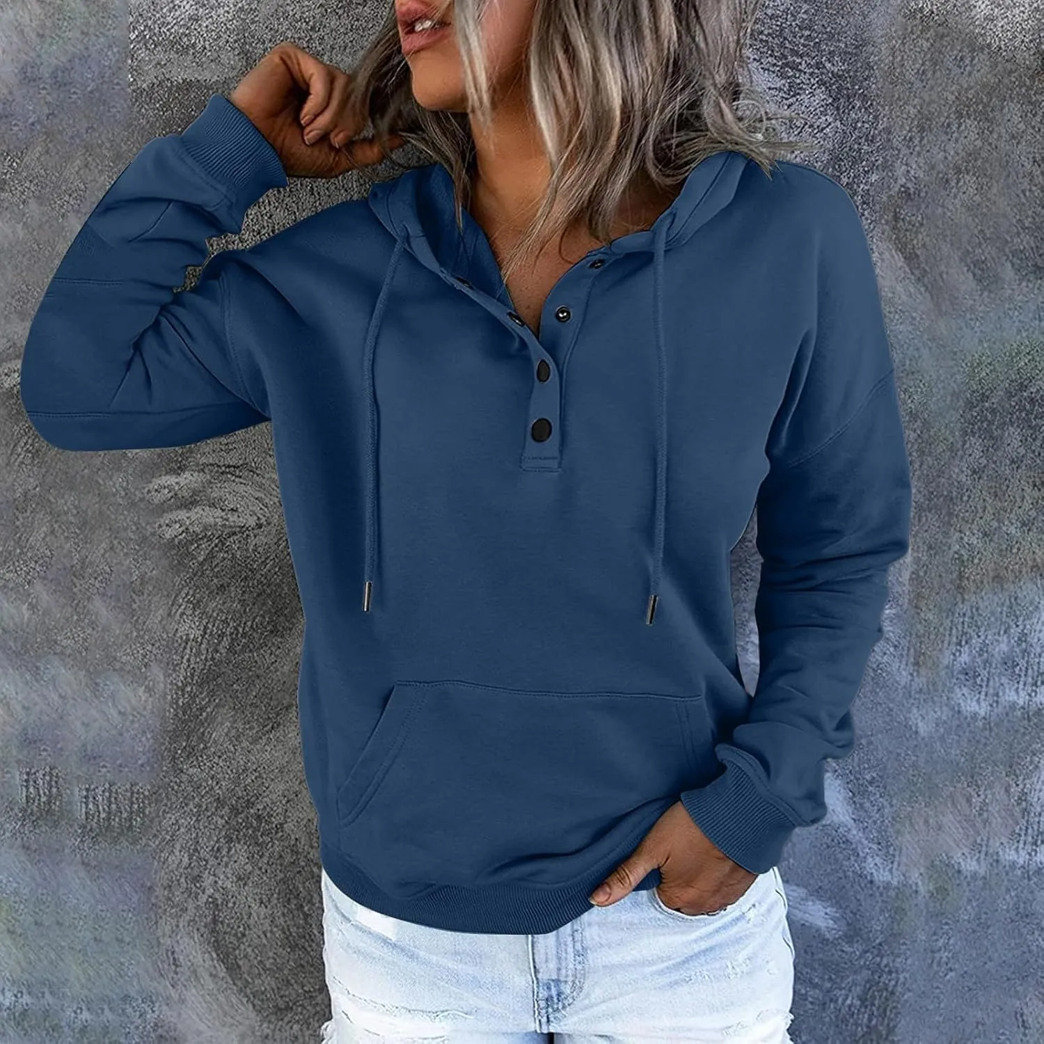 Womens 2024 Hooded Button Collar Drawstring Hoodies Pullover Sweatshirts Casual Long Sleeve Tops Shirts