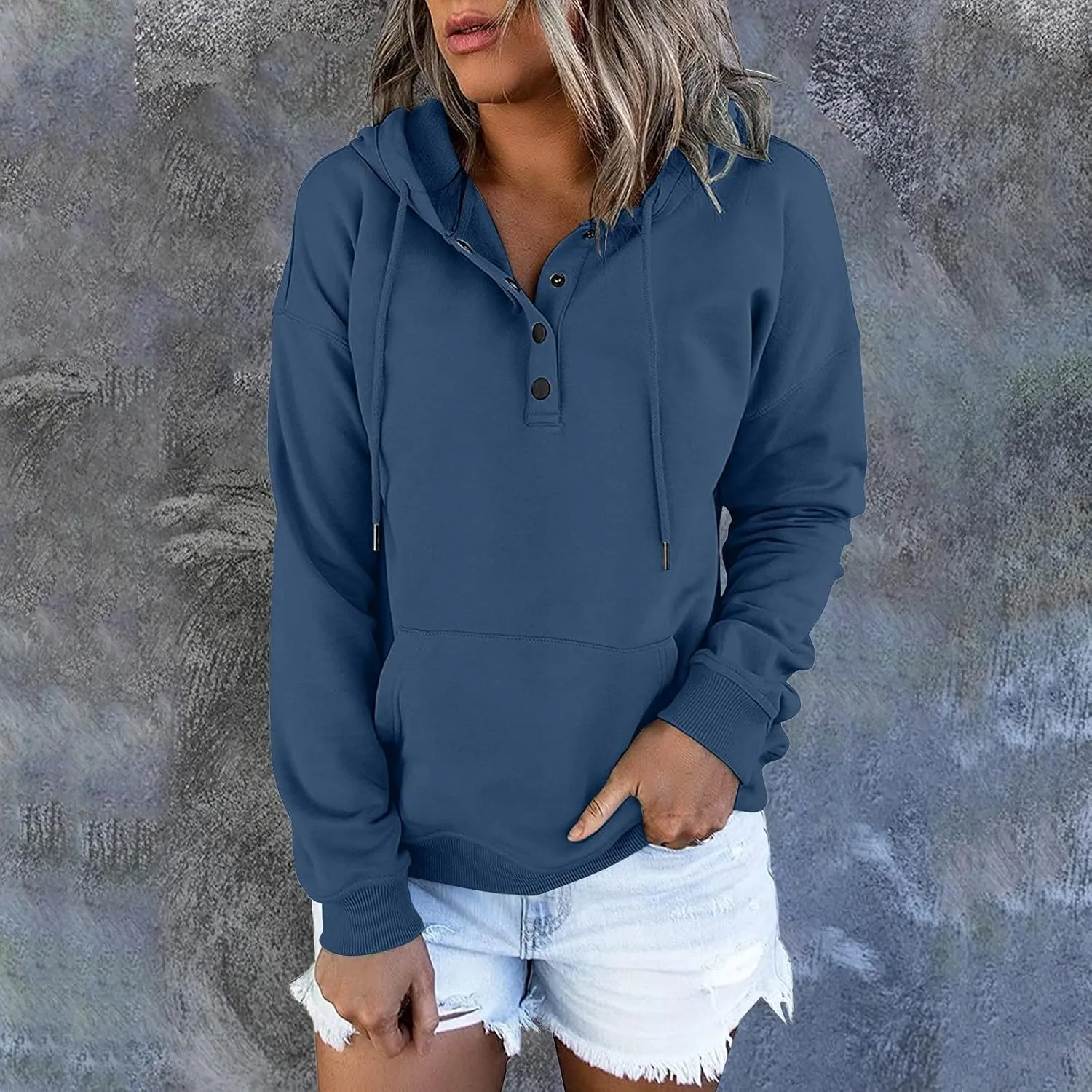 Womens 2024 Hooded Button Collar Drawstring Hoodies Pullover Sweatshirts Casual Long Sleeve Tops Shirts