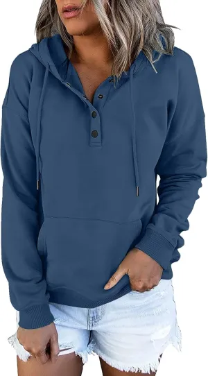 Womens 2024 Hooded Button Collar Drawstring Hoodies Pullover Sweatshirts Casual Long Sleeve Tops Shirts
