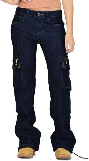 Womens Baggy Cargo Jeans Pants Utility Stretch Low Waist Drawstring Bottom Boyfriend Denim Trouser with Flap Pockets