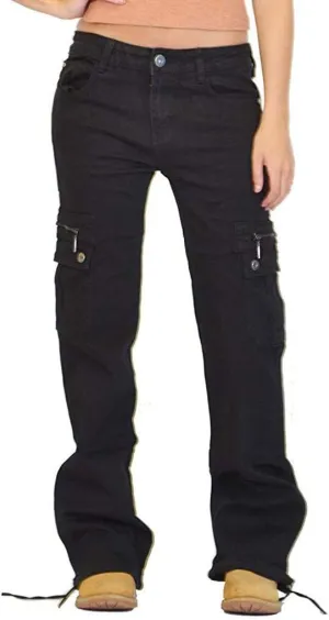 Womens Baggy Cargo Jeans Pants Utility Stretch Low Waist Drawstring Bottom Boyfriend Denim Trouser with Flap Pockets