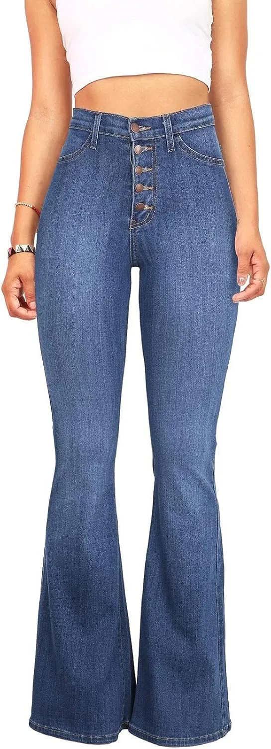 Womens Button Up Curvy Slim Fit Butt Lifting Denim Skinny Jeans Flare Denim Pants Bell Bottom Jeans Bootcut Jeans