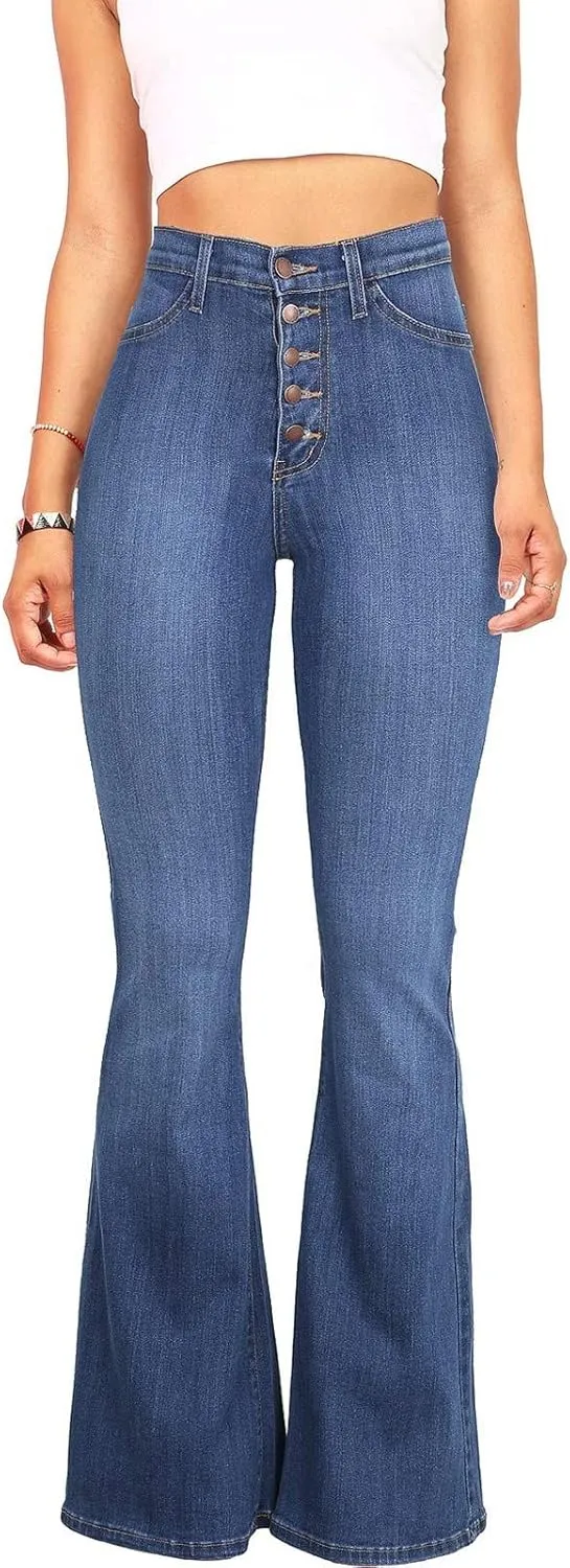 Womens Button Up Curvy Slim Fit Butt Lifting Denim Skinny Jeans Flare Denim Pants Bell Bottom Jeans Bootcut Jeans
