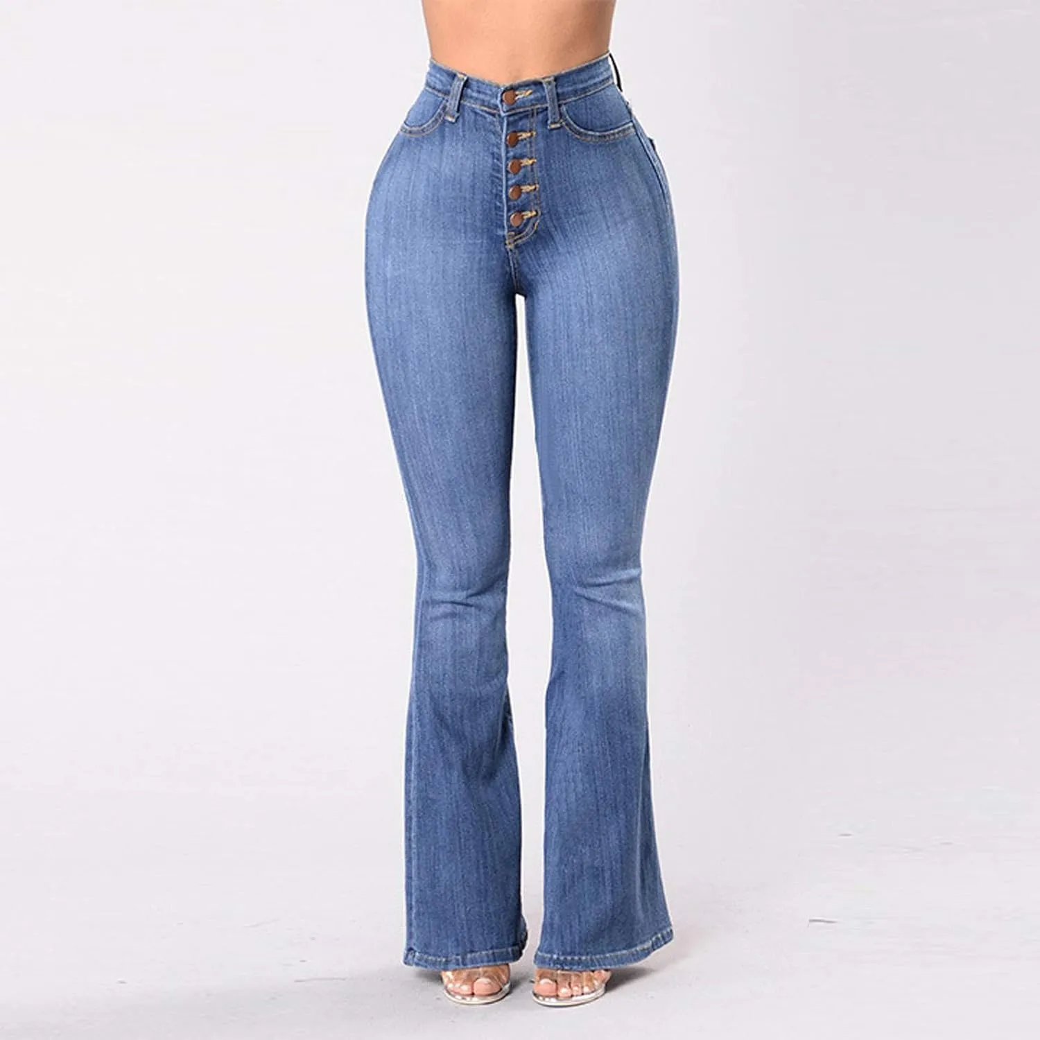Womens Button Up Curvy Slim Fit Butt Lifting Denim Skinny Jeans Flare Denim Pants Bell Bottom Jeans Bootcut Jeans