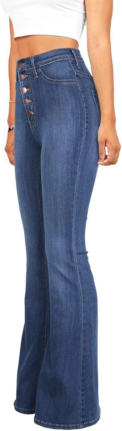 Womens Button Up Curvy Slim Fit Butt Lifting Denim Skinny Jeans Flare Denim Pants Bell Bottom Jeans Bootcut Jeans