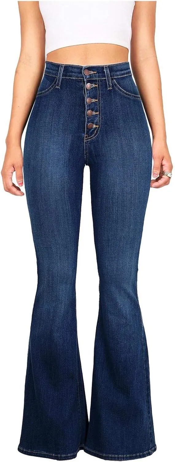 Womens Button Up Curvy Slim Fit Butt Lifting Denim Skinny Jeans Flare Denim Pants Bell Bottom Jeans Bootcut Jeans