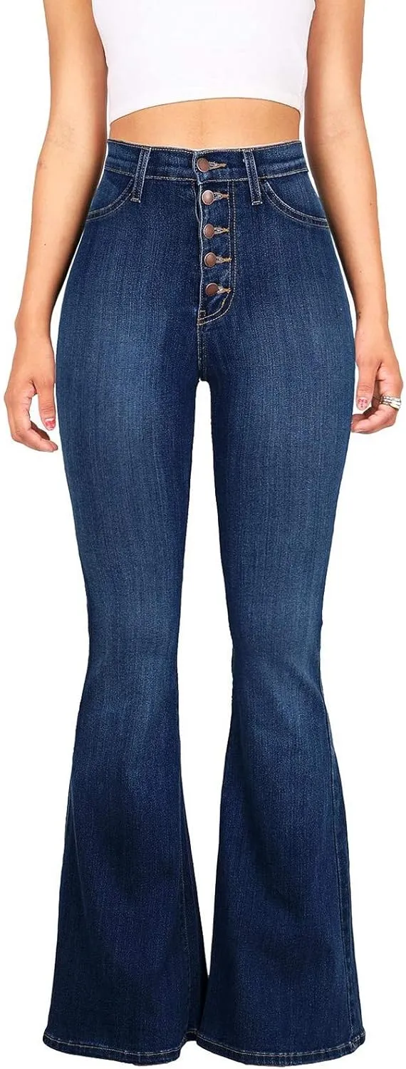 Womens Button Up Curvy Slim Fit Butt Lifting Denim Skinny Jeans Flare Denim Pants Bell Bottom Jeans Bootcut Jeans