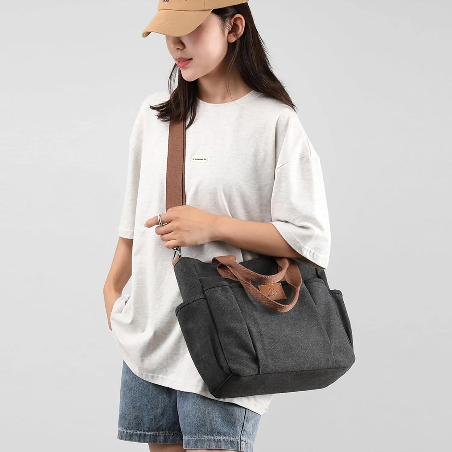 Women's Canvas Tote Purses Shoulder Travel Crossbody Bag Everyday Handbags with Zipper (Grey)