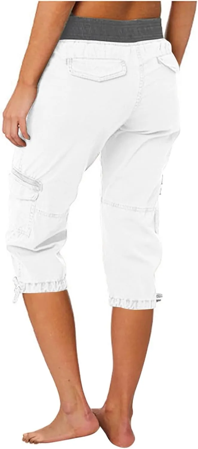 Women's Capri Pants Summer Lightweight Outdoor Hiking Capris with Drawstring Cargo Pockets Yoga Cropped Pant