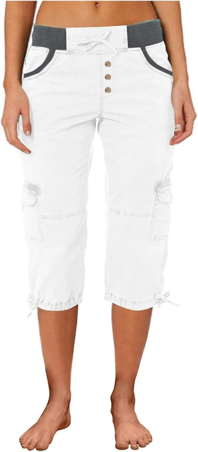 Women's Capri Pants Summer Lightweight Outdoor Hiking Capris with Drawstring Cargo Pockets Yoga Cropped Pant