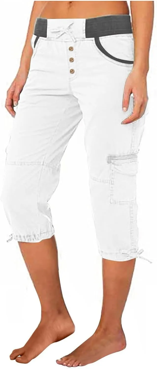 Women's Capri Pants Summer Lightweight Outdoor Hiking Capris with Drawstring Cargo Pockets Yoga Cropped Pant