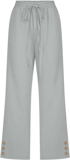 Womens Capris Pants High Waist Drawstring Comfy Casual Pants Lightweight Loose Trousers Buttons Trim with Pockets