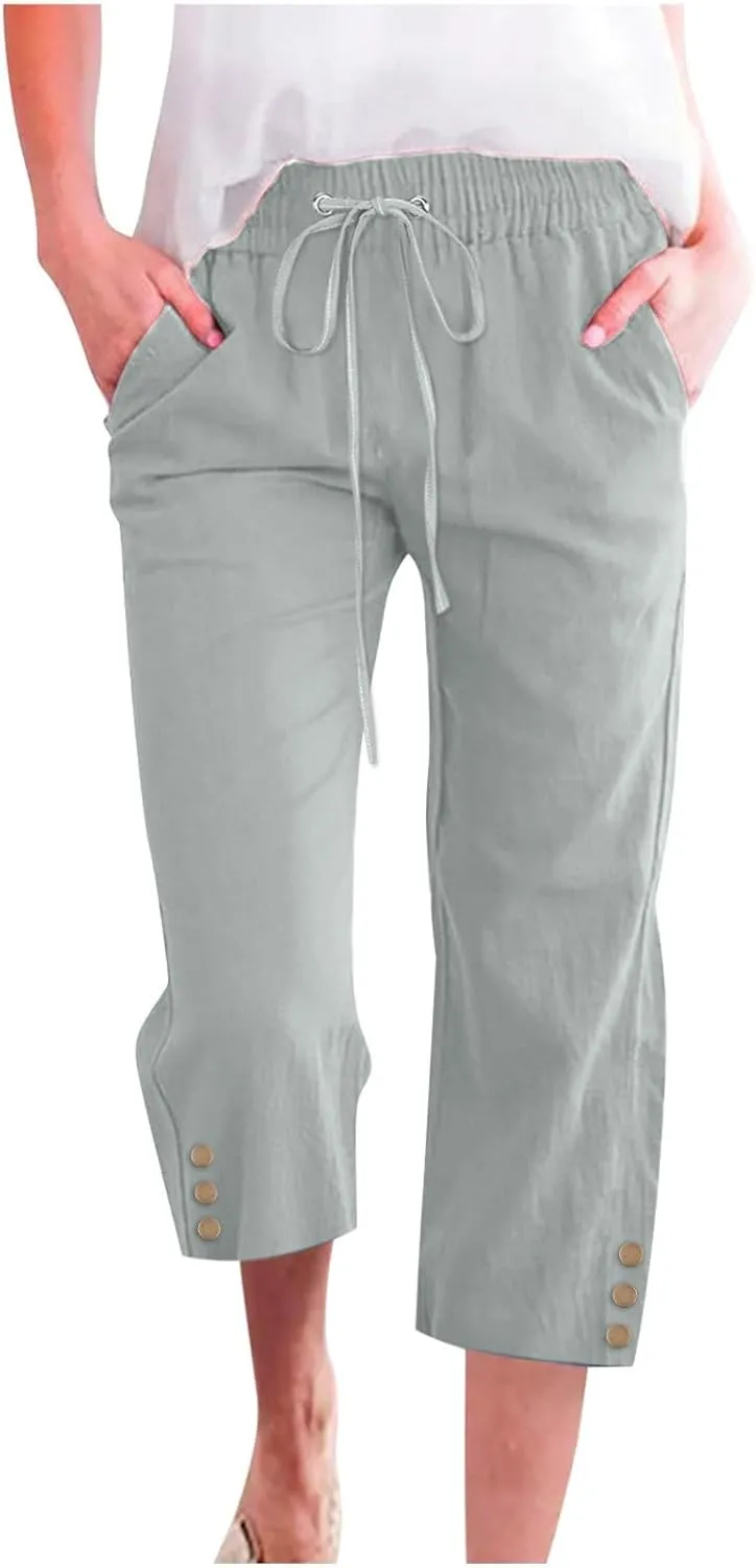 Womens Capris Pants High Waist Drawstring Comfy Casual Pants Lightweight Loose Trousers Buttons Trim with Pockets