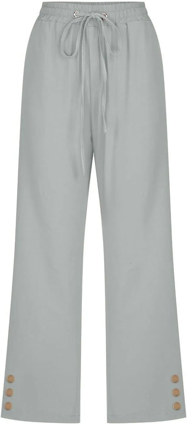 Womens Capris Pants High Waist Drawstring Comfy Casual Pants Lightweight Loose Trousers Buttons Trim with Pockets