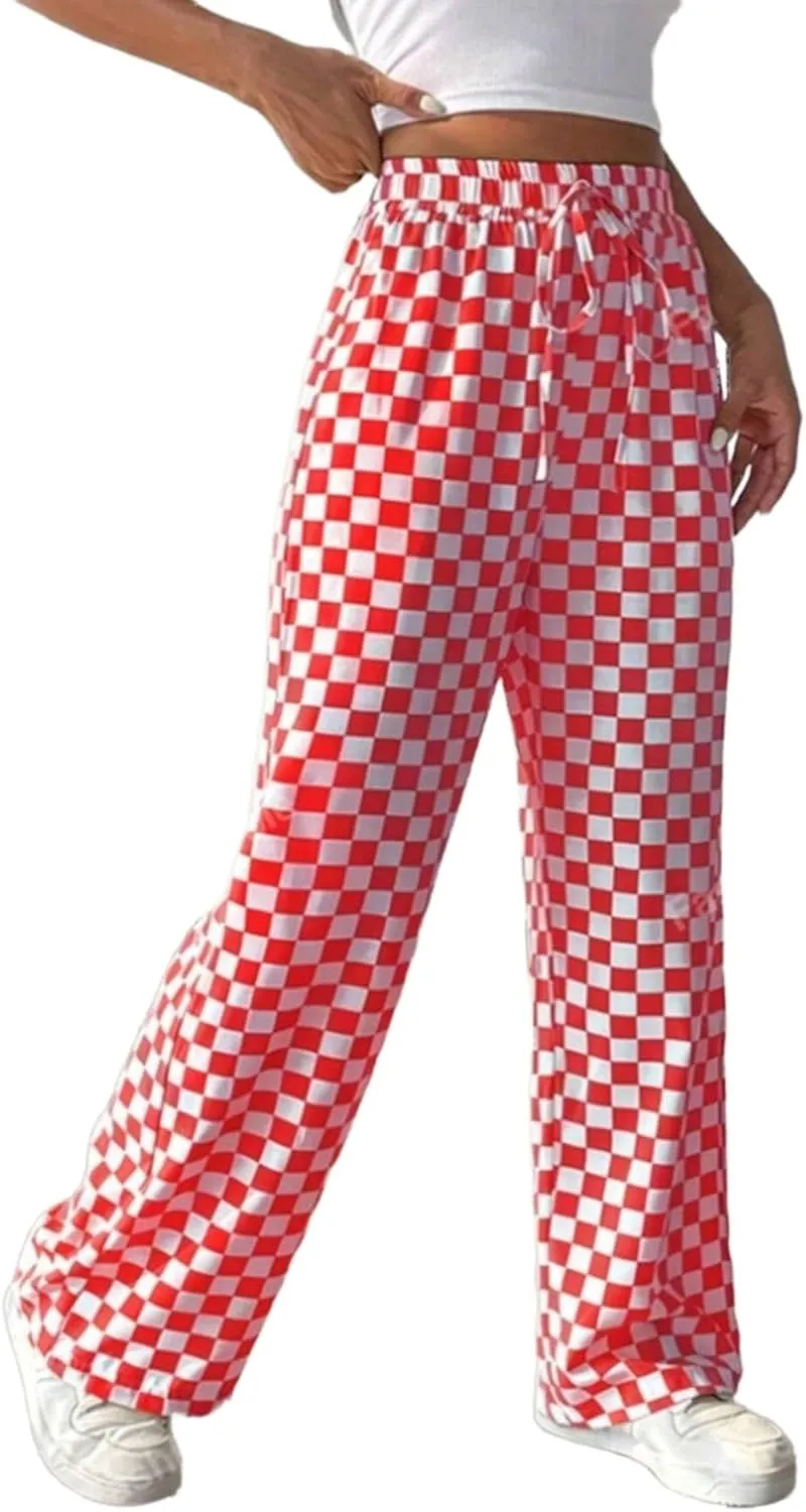 Women's Casual Checkered Pants Drawstring Elastic Waist Comfy Loose Straight Wide Leg Plaid Pants with Pockets