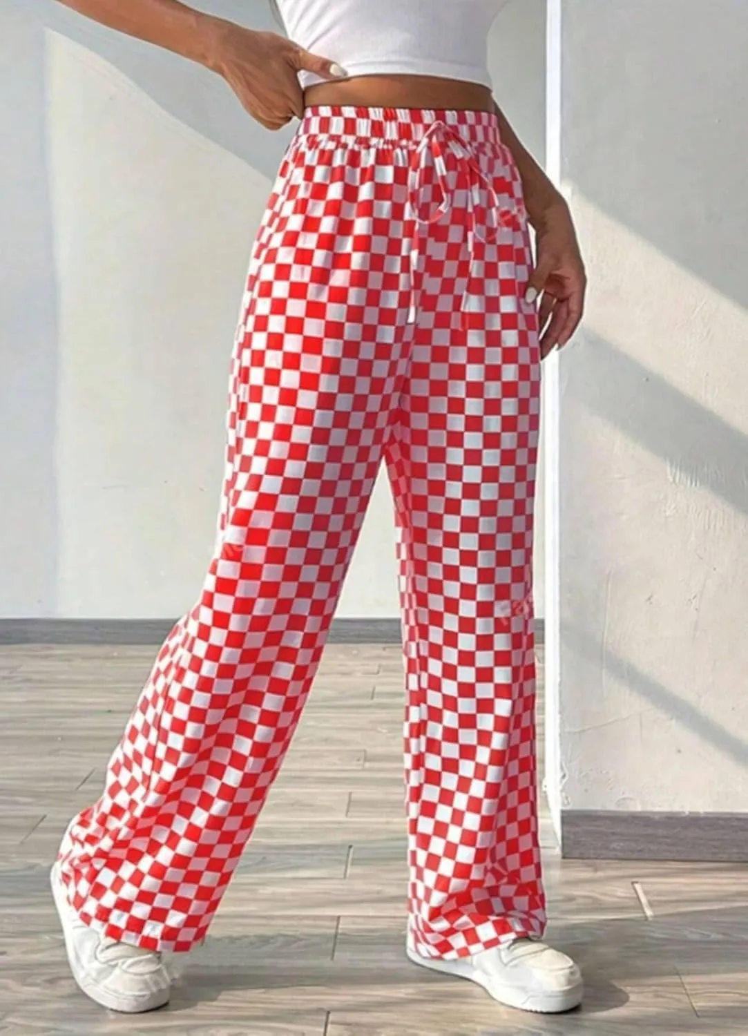 Women's Casual Checkered Pants Drawstring Elastic Waist Comfy Loose Straight Wide Leg Plaid Pants with Pockets