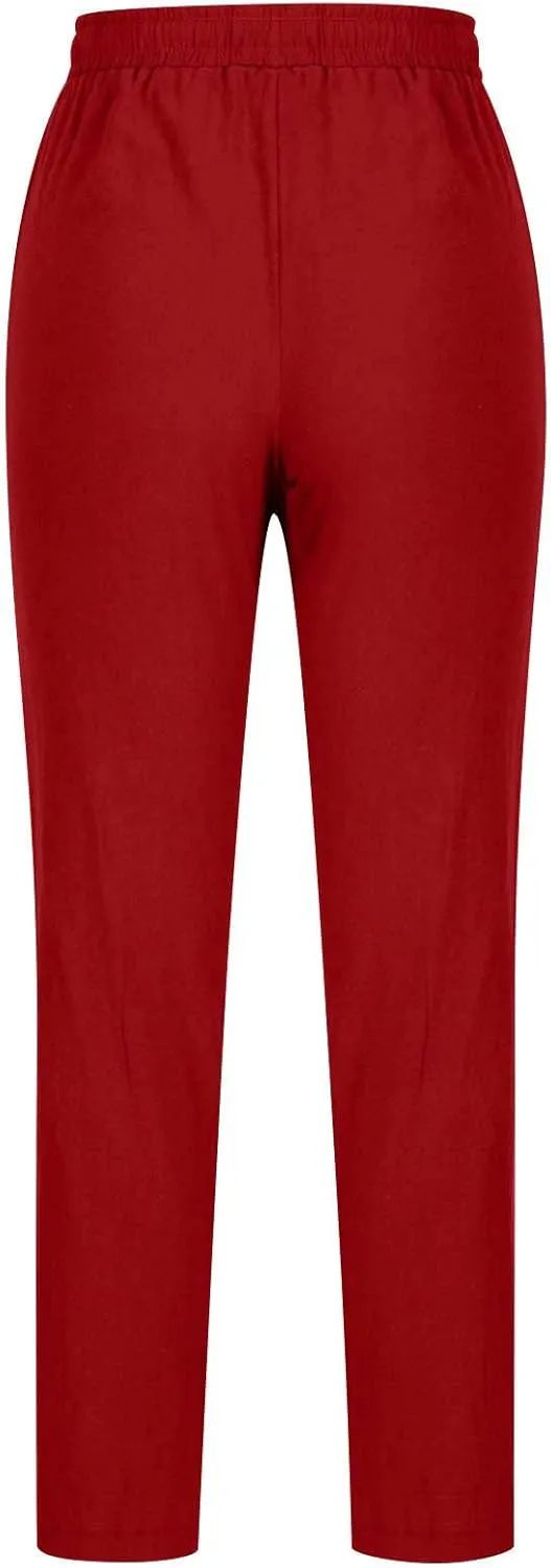 Womens Casual Cotton Linen Pants Lightweight Summer Relaxed Elastic Waist Loose Solid Drawstring Lounge Long Trousers