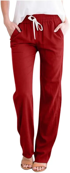 Womens Casual Cotton Linen Pants Lightweight Summer Relaxed Elastic Waist Loose Solid Drawstring Lounge Long Trousers