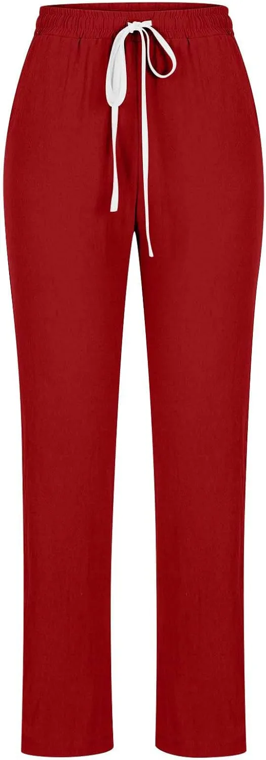 Womens Casual Cotton Linen Pants Lightweight Summer Relaxed Elastic Waist Loose Solid Drawstring Lounge Long Trousers