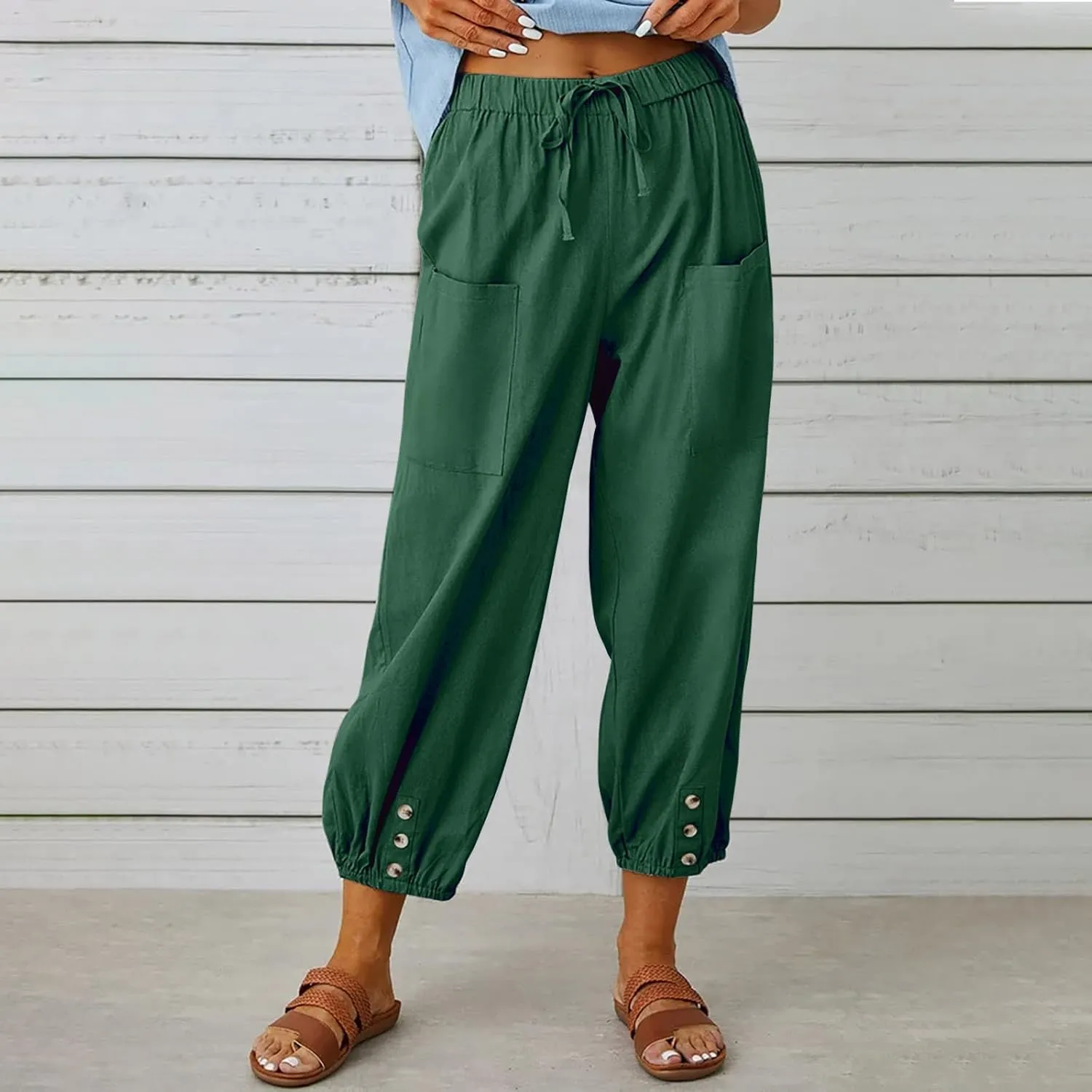 Women's Casual Lantern Tapered Harem Pants Loose Fit Style Flax Ankle Trousers Summer Baggy Slacks with Pocket
