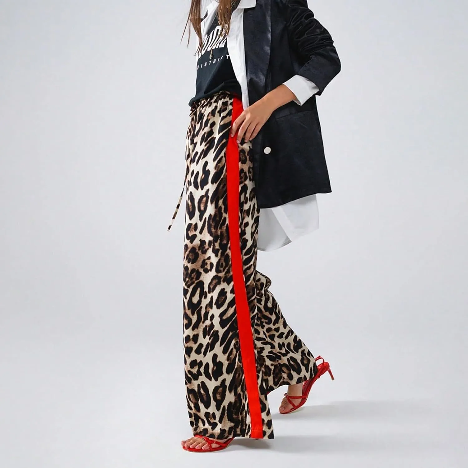 Women's Casual Leopard Pants Drawstring Print Color Block Side Striped Straight Leg Wide Leg Loose Pants